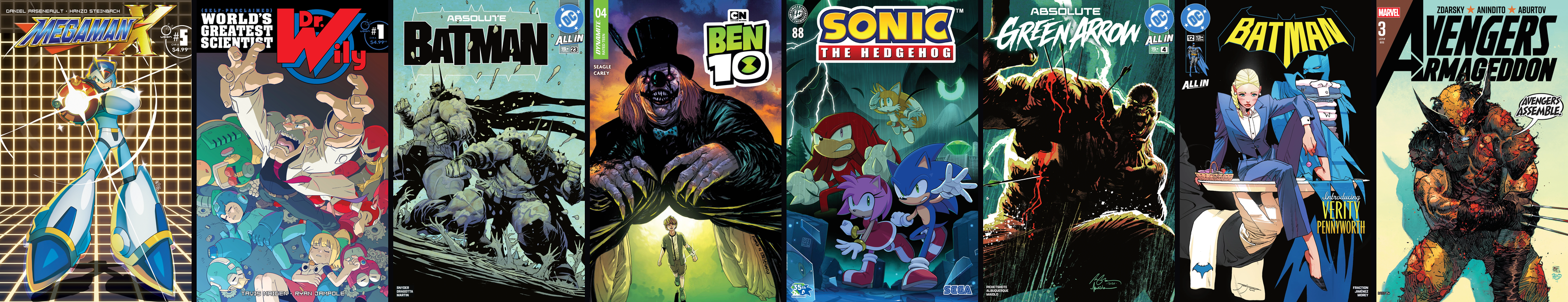 Covers of Mega Man X #5, Dr Wily #1, Absolute Batman #23, Ben 10 #4, Sonic the Hedgehog #88, Absolute Green Arrow #4, Batman #12, Avengers: Armageddon #3