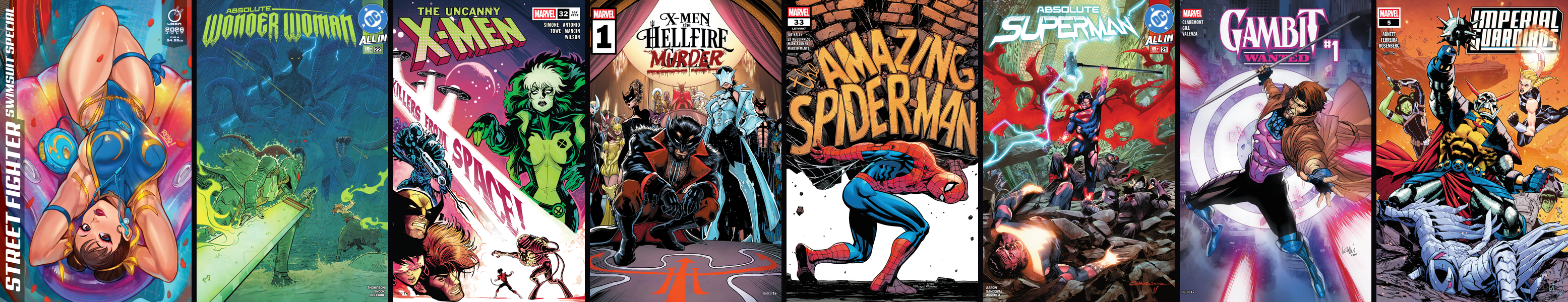 Eight comic covers side by side: 2026 Street Fighter Swimsuit Special #1, Absolute Wonder Woman #22, Uncanny X-Men #32, X-Men: The Hellfire Murder #1, Amazing Spider-Man #33, Absolute Superman #21, Gambit: Wanted #1, and Imperial Guardians #5.