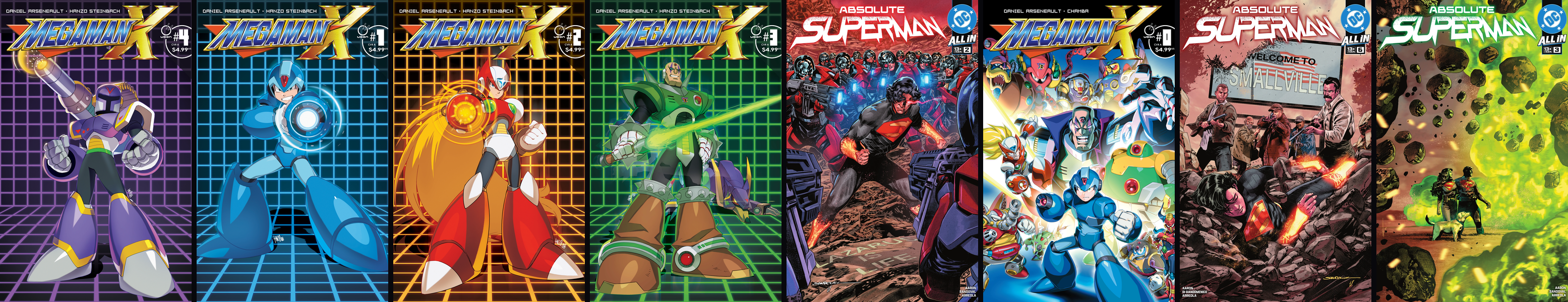 Covers of Mega Man X #4, Mega Man X #1, Mega Man X #2, Mega Man X #3, Absolute Superman #2, Mega Man X #0, Absolute Superman #6, Absolute Superman #3