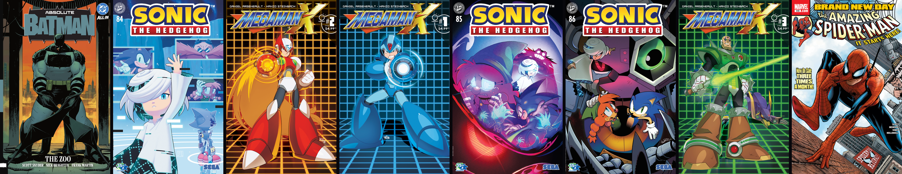 Covers of Absolute Batman Vol. 1: The Zoo, Sonic the Hedgehog #84, Mega Man X #2, Mega Man X #1, Sonic the Hedgehog #85, Sonic the Hedgehog #86, Mega Man X #3, Amazing Spider-Man #546